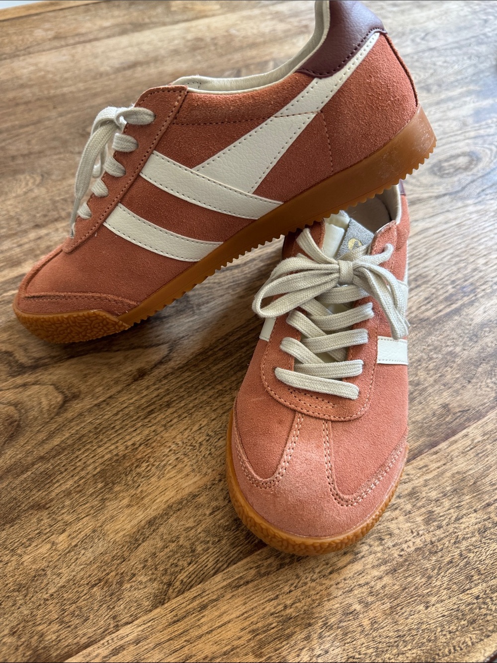 Gola Women's Suede Sneakers in Coral with White Stripes